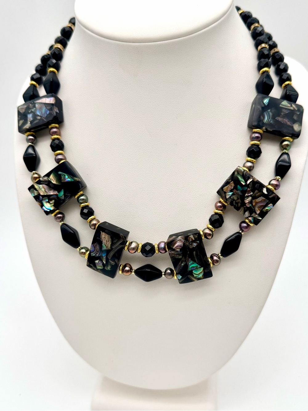Artisan Double-Strand Black Abalone Inlay Necklace & Fresh Water Pearl Necklace - Picture 2 of 6
